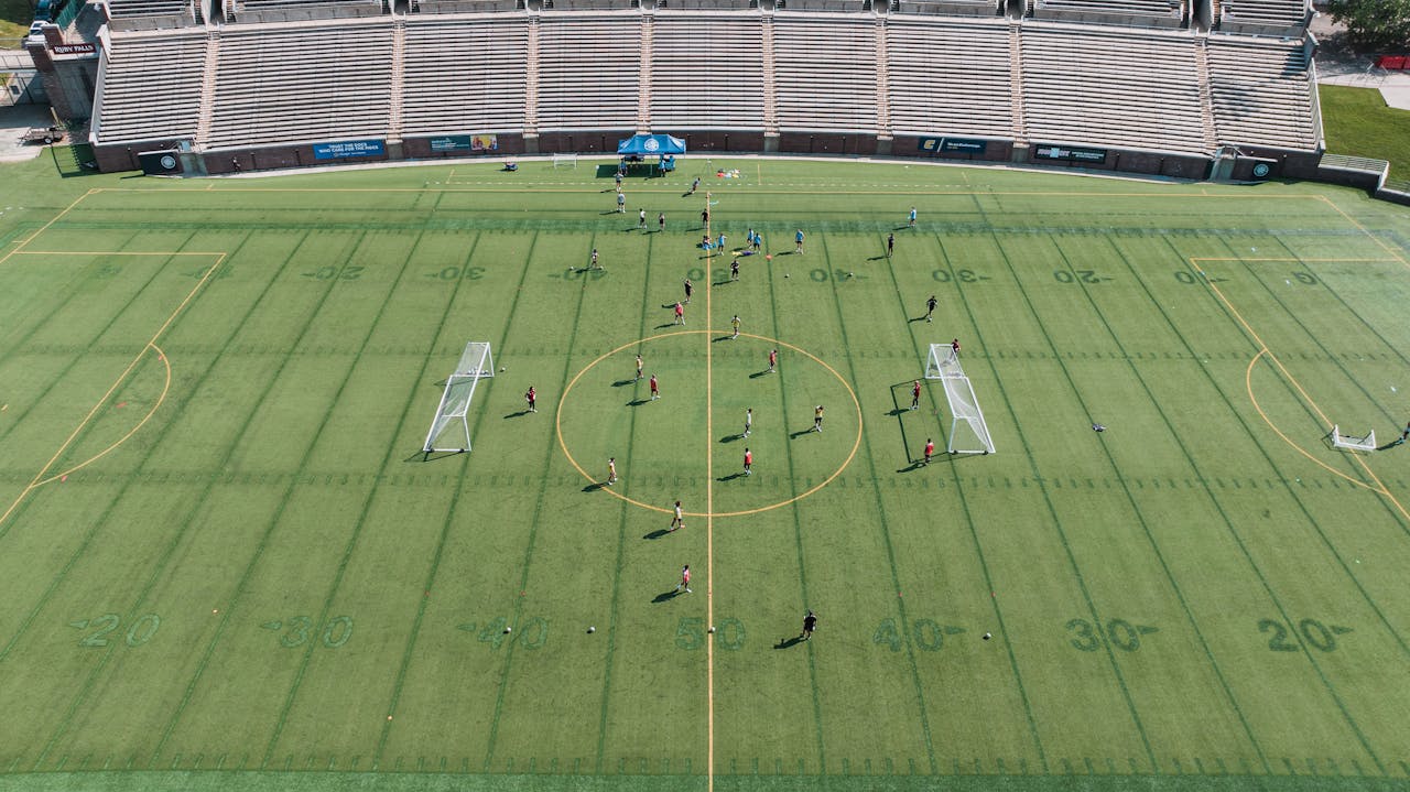 Aerial view of a soccer game at Finley Stadium in Chattanooga, showcasing vibrant activity.
